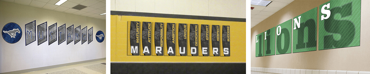 3 sets custom signs in school hallway with school colors and mascots, school signs with character words