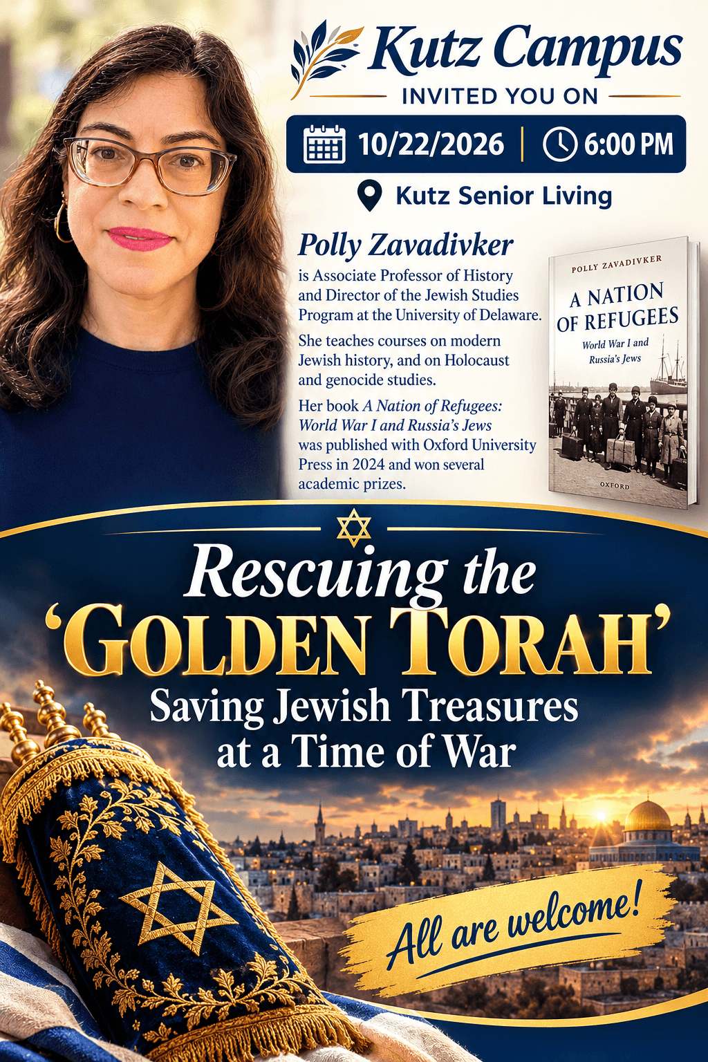 Event: Rescuing the Golden Torah, Saving Jewish Treasures at a Time of War | Date: 10/22/2026 | Time: 6:00 PM | Location: Kutz Senior Living