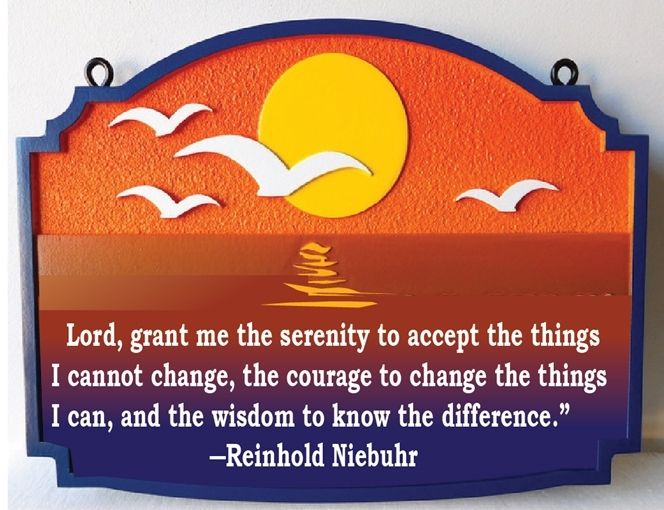 N21363- Carved Wall Plaque with Reinhold Niebuhr's saying "Lord,grant me the serenity to accept...", with Sunset over the Ocean 
