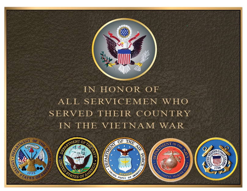 MB2450- Brass-Plated Vietnam War Memorial Plaque with Giclee Photos of Armed Forces Seals