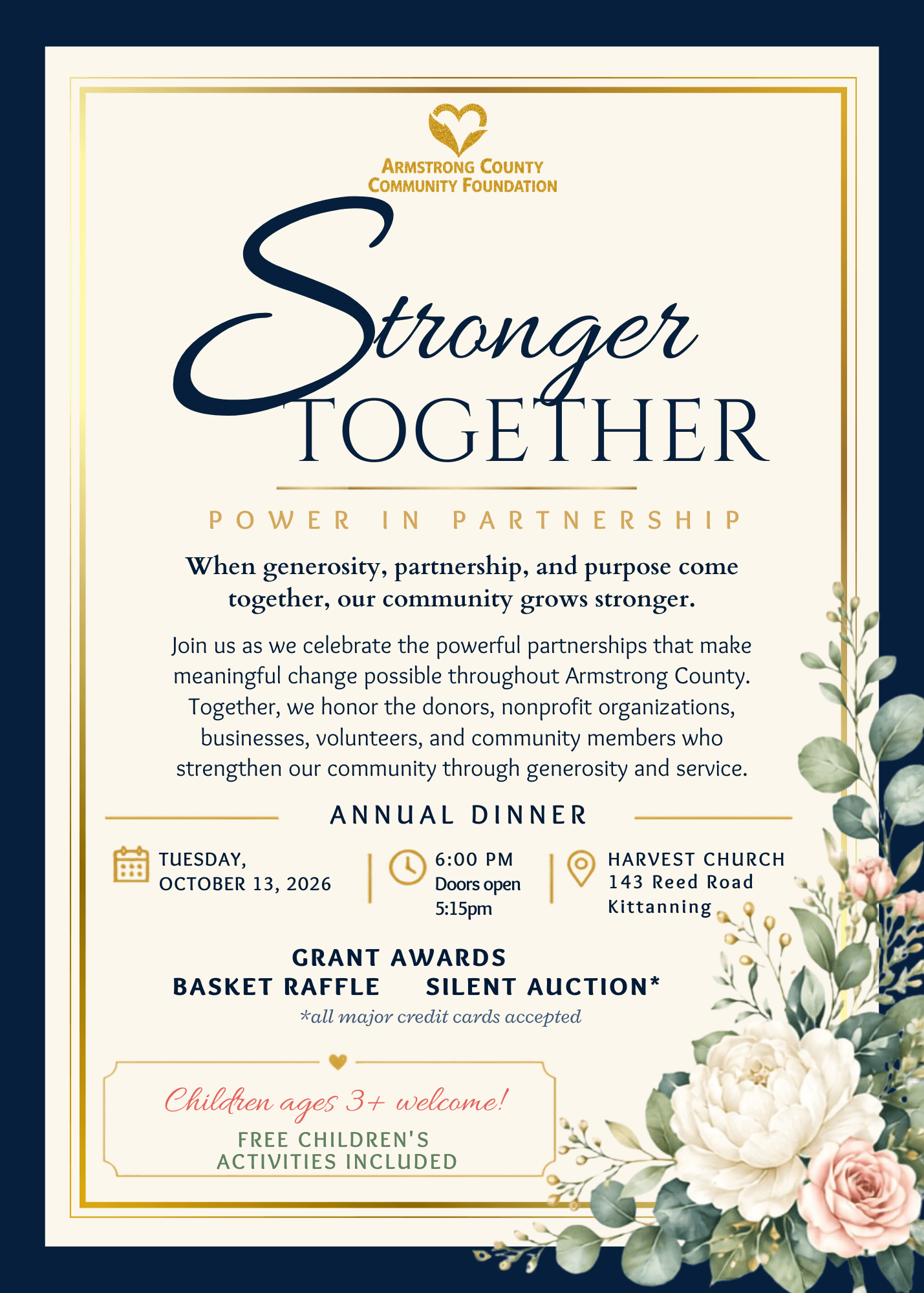 navy blue invitation with details of our annual dinner.  Stronger Together: Power in Partnership.  October 13, 2026, 6pm at Harvest Church