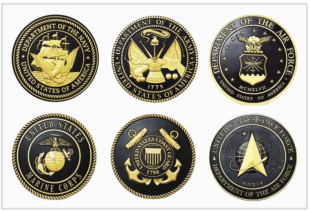 IP-1162- Set of Carved Plaques of the Seals of Six Armed Forces, Hand-rubbed Black over Metallic Brass Paint