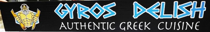 Q25043 - Carved  Sign for the "Gyros Delish"   Greek  Restaurant with Raised Outline Text and  Neptune as Artwork