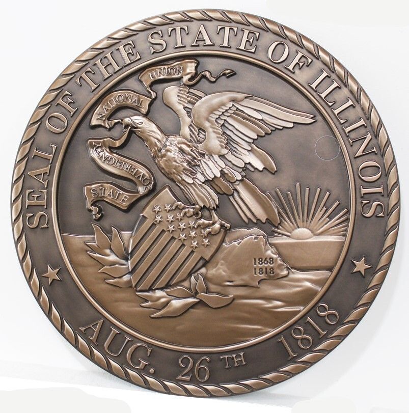 BP-1211 - Carved 3-D Bas-Relief Bronze-Plated HDU Plaque of the Great Seal of the State of Illinois