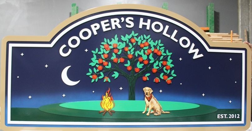 M22940A - Carved 2.5-D HDU Property Name Sign "Cooper's Hollow", featuring  a Dog, a Campfire , an Apple Tree and a Crescent Moon as Artwork
