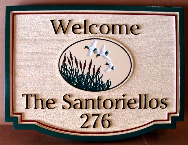 M22427 - Carved Welcome Sign "The Santoriellos" Featuring Geese Flying over Bullrushes as Artwork