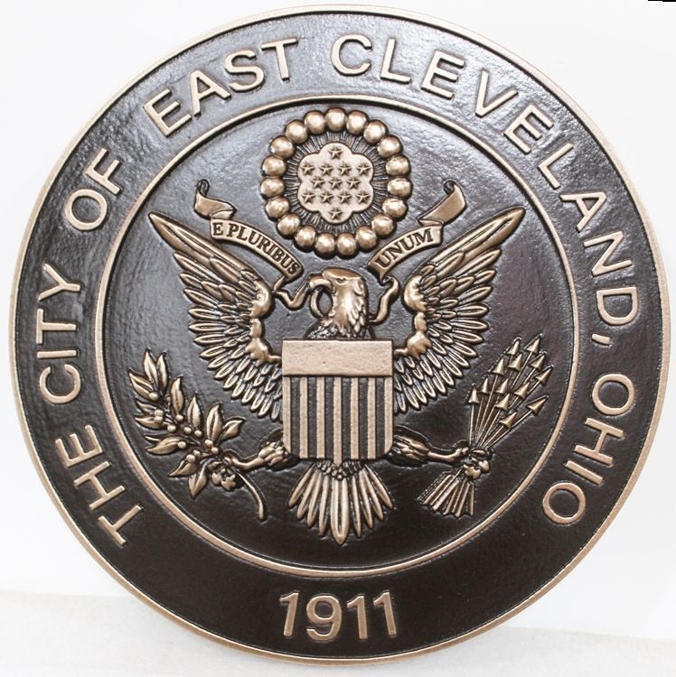DP-1486 - Carved 3-D Bas-Relief Bronze-Plated HDU Plaque of the US  Seal made for the  City of East Cleveland, Ohio