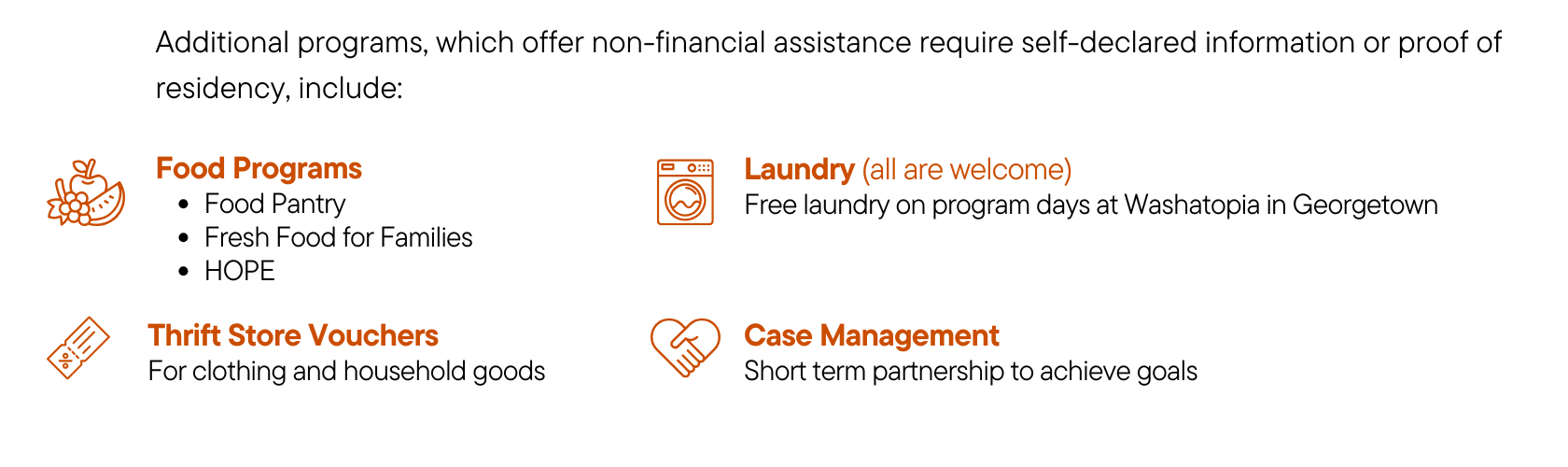 Additional Programs Available which offer non-financial assistance such as Food Programs: Food pantry, Fresh Food for Families, HOPE box, Thrift Store Vouchers for clothing and household goods, Loads of Caring, and case management