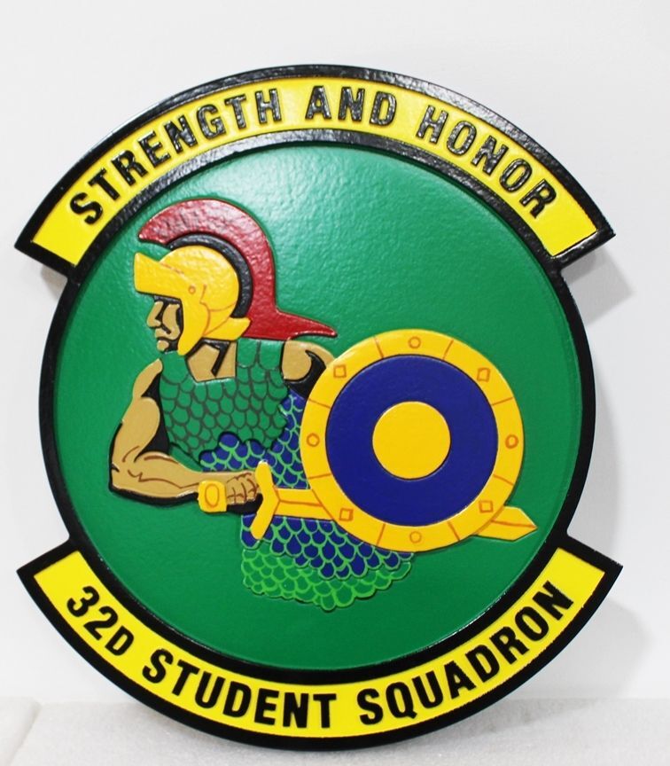 LP-5188 - Carved 2.5-D Raised Relief HDU Plaque of the Crest of the 32nd Student Squadron, with Motto "Strength and Honor" 