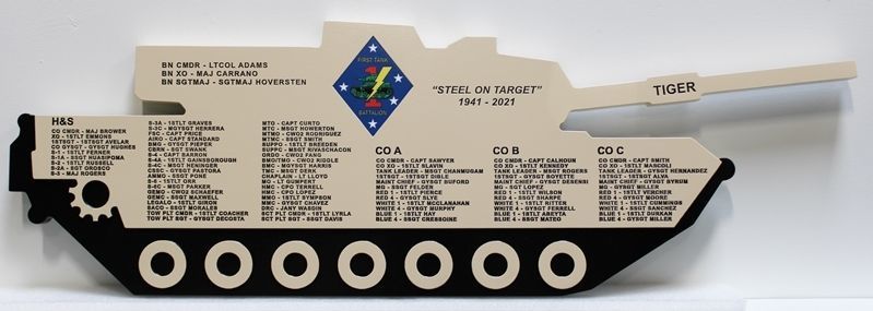 MP-3014 - Engraved HDI Wall Plaque of theChain-of-Command Board for the First Tank Battalion, "Steel on Target", iShaped in the Profile of the M1 Main Battle Tank 