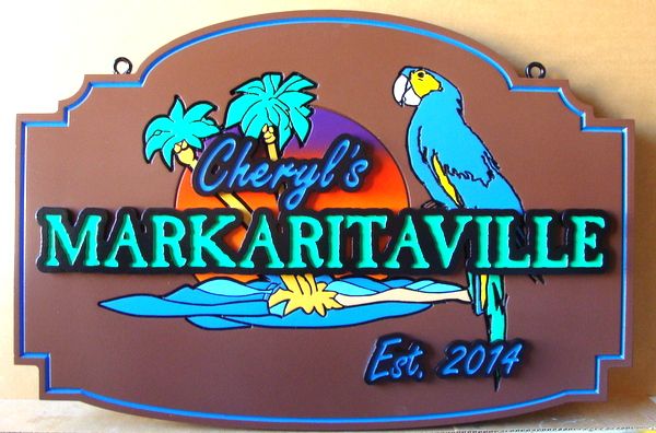 L21915 - Carved 2.5D HDU Coastal Home  Sign, with a Tropical Parrot, Palm Trees, and Setting Sun