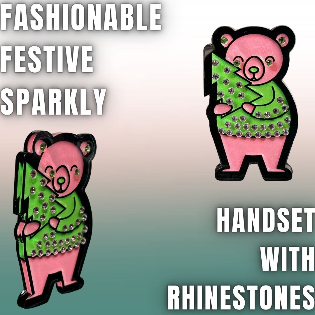 Rhinestone Pink Bear with Holiday Tree Acrylic Pin