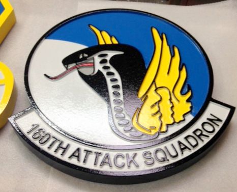 LP-2460 - Carved Round Plaque of the Crest of the 160th Attack Squadron,  Artist Painted