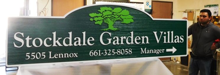 K20328 - Carved HDU Sign,  for  the "Stockdale Garden Villas" Apartments, with Wood Grain Sandblasted Background
