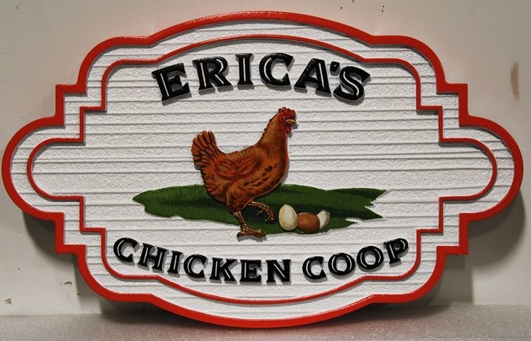O24458 - Carved and Sandblasted Wood Grain HDU Sign for  "Erica's Chicken Coop", with a Hen and Eggs as Artwork