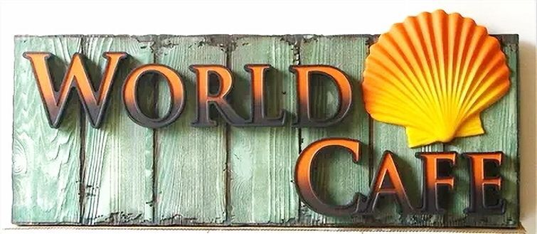 MA3606- "World Cafe" Sign with Letters Carved in Flat Relief from Redwood and Mounted on a 12 ft Wide Wood Plank Signboard