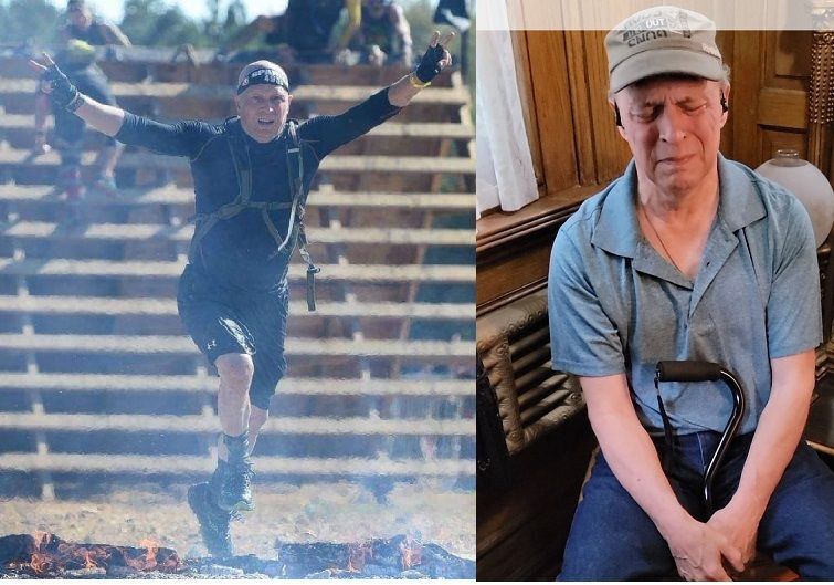 November 2022 Newsletter featured SPS Patient blog author Steven Schartel pictured here before his diagnosis competing in a tough mudder race and after with his cane, barely able to walk.
