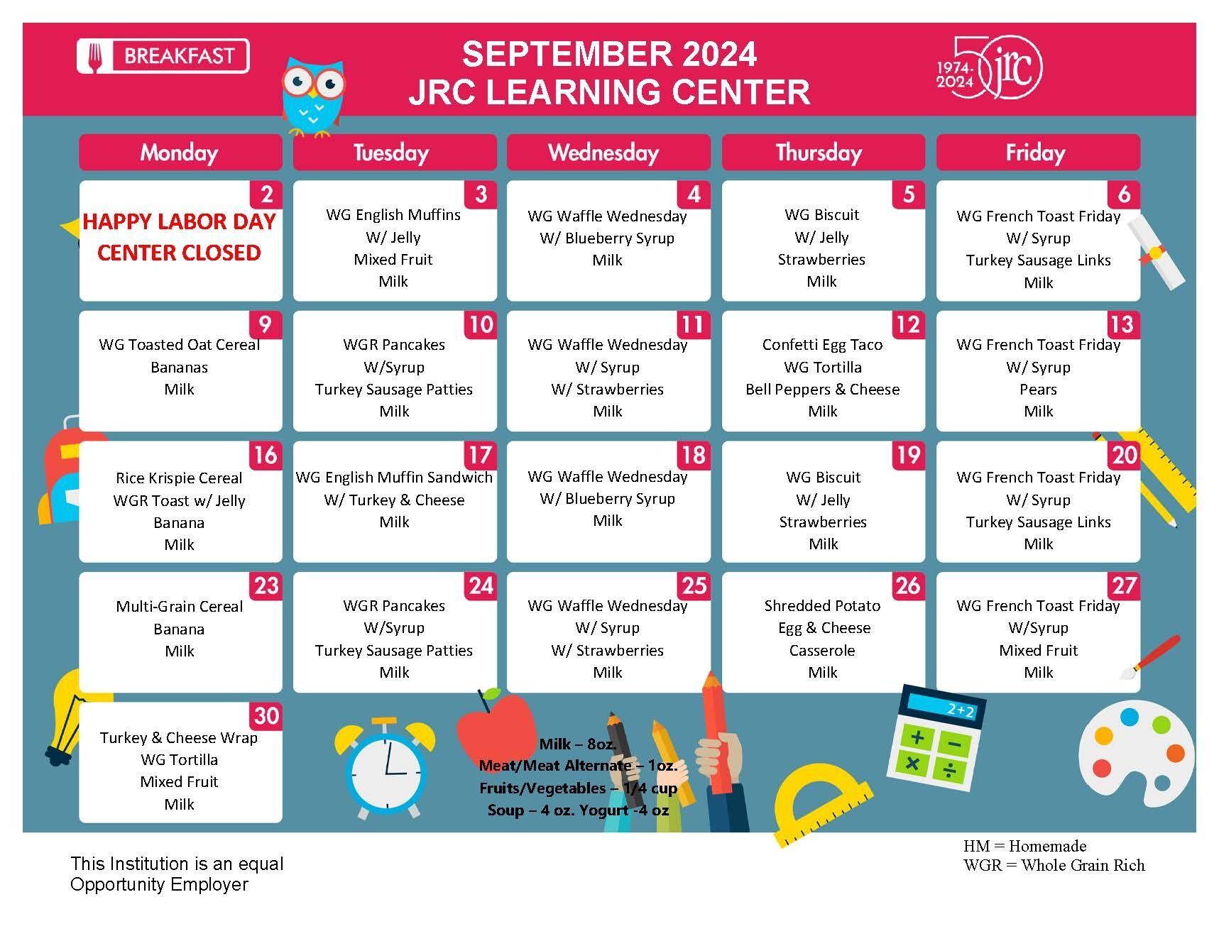 September Breakfast Learning Centers Menu 