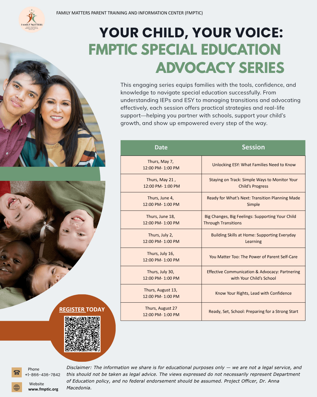 Flyer titled “Your Child, Your Voice: FMPTIC Special Education Advocacy Series” by Family Matters Parent Training and Information Center (FMPTIC). It promotes a virtual training series for families to learn how to navigate special education, including IEP
