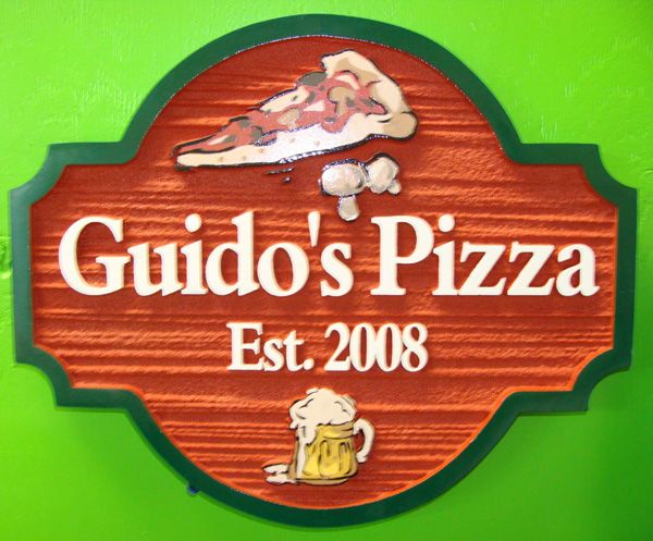 Q25330 - Wood Look Carved HDU Sign for Restaurant Pizza parlour with Carved Slice of Pizza, Beer Mug with Beer and Mushrooms