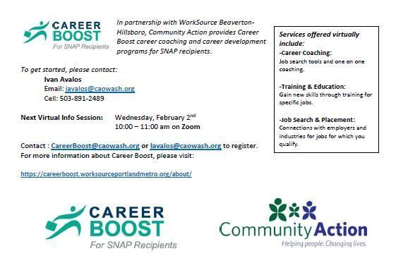 Flyer with more information on Career Boost. Contact CareerBoost@caowash.org or iavalos@caowash.org to register.