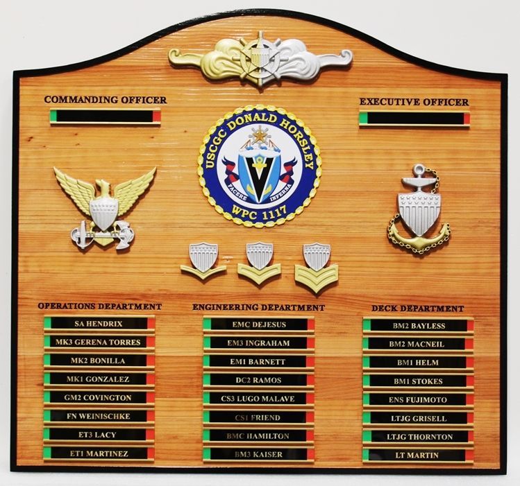 NP-2605- Carved Cedar Wood  Ship's Ship's On-Duty Status Board for the  Coast Guard  Cutter Donald Horsley, WPC-1117