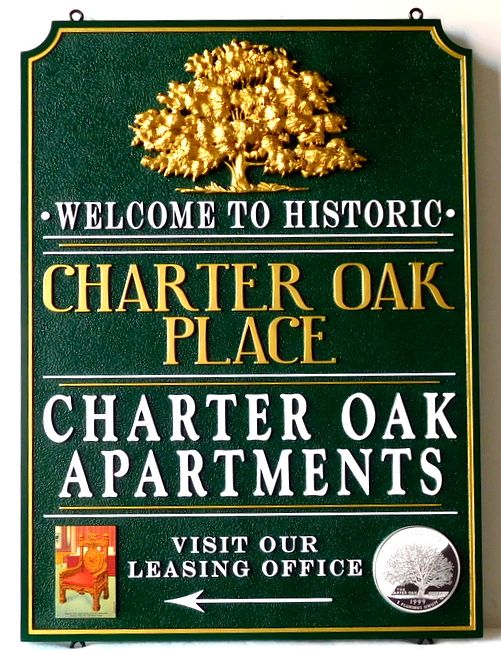 K20228 - Entrance Sign to Charter Oak Apartments, with Carved 3_D Oak Tree, Gilded with 24K Gold Leaf.