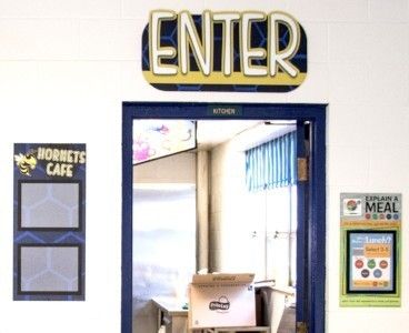 School signs in cafeteria, custom menu board with school mascot, enter sign, explain a meal