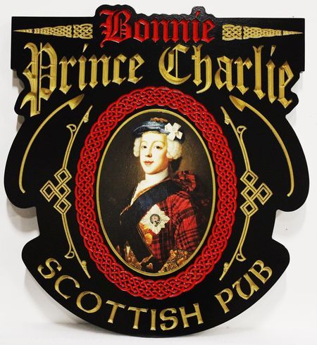 RB27515 - Engraved HDU Sign for the "Bonnie Prince Charlie"  Scottish Pub, with a Digital Giclee Vinyl Print of a High-Resolution Portrait Painting as Artwork 