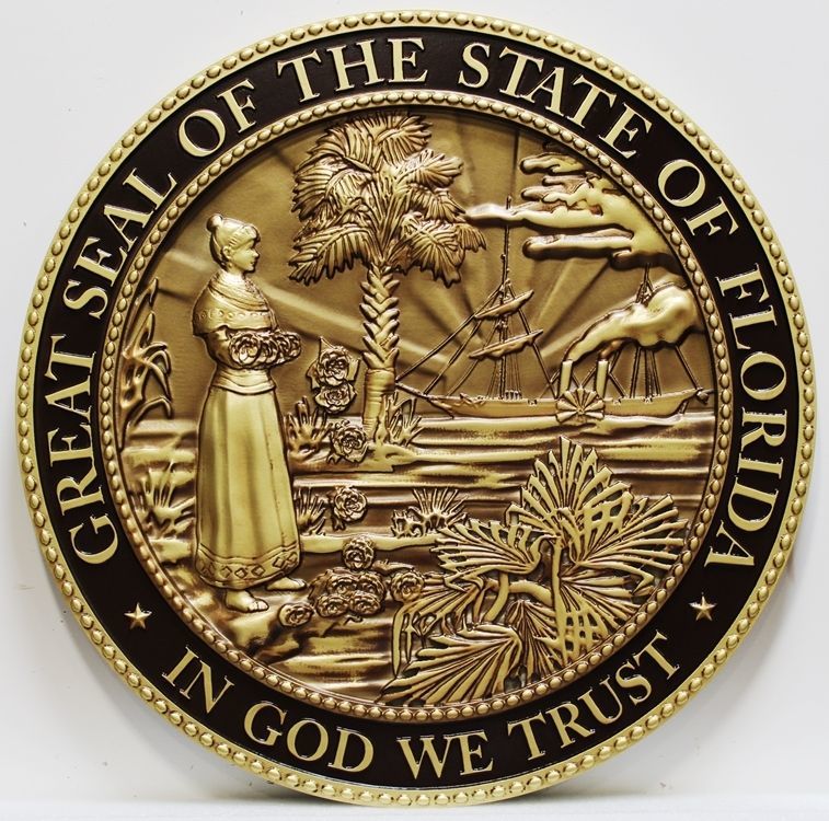 BP-1120 - Carved Plaque of the Seal of the State of Florida, Brass Plated