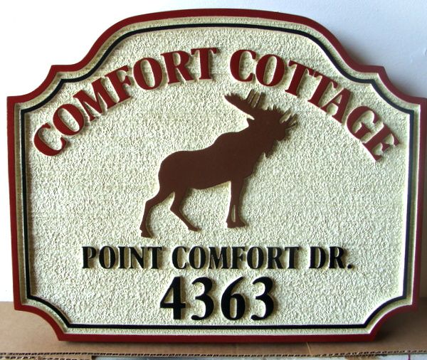 M22642 - Carved and Sandblasted HDU Cottage Address  Sign with Moose, "Comfort Cottage"