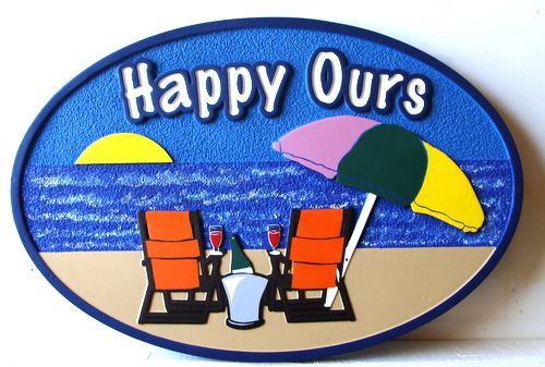 L21008 - Carved Beachhouse Sign with Two Chairs and an Umbrella "Happy Hours"