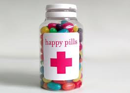 This is a picture of a bottle filled with "happy pills"