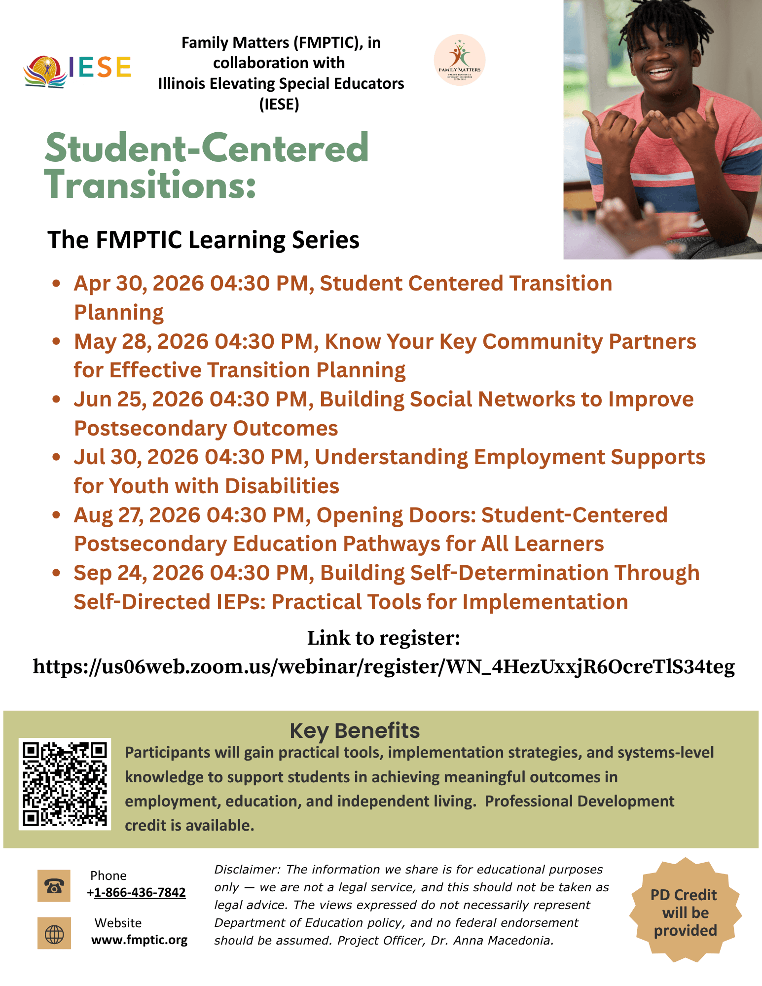 Flyer for the “Student-Centered Transitions: The FMPTIC Learning Series,” hosted by Family Matters (FMPTIC) in collaboration with Illinois Elevating Special Educators (IESE). The series includes six virtual sessions at 4:30 PM on April 30, May 28, June 25