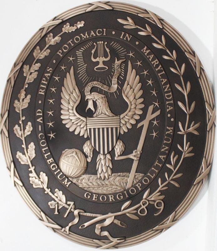 RP-1265 - Carved Wall Georgetown University Seal Plaque, 3-D Carved HDU with Bronze Metallic Finish