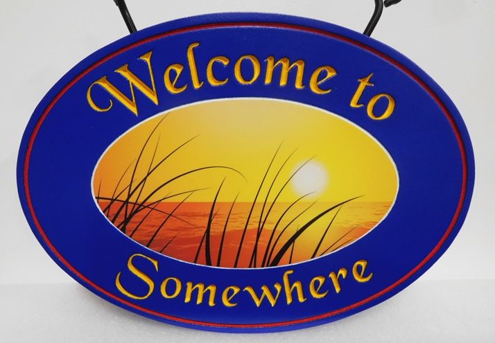 L21046- Carved "Welcome to Somewhere"  Beach-House Sign, with a Giclee Print of a  Scenic View of Plants, Sea and Sunset