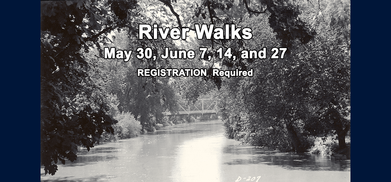 Black and white photo of a river with trees along both banks. There is a bridge in the background. Also has the Friends of the River Logo and Smoky Hill Museum 40th Anniversary Logo