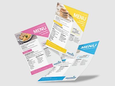 Full-color menu flyers printed for AdventHealth of Overland Park.