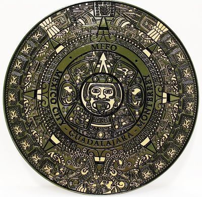 ZP-1190 - Carved Plaque of an Aztec Calendar Wheel, , 2.5-D Artist-Painted