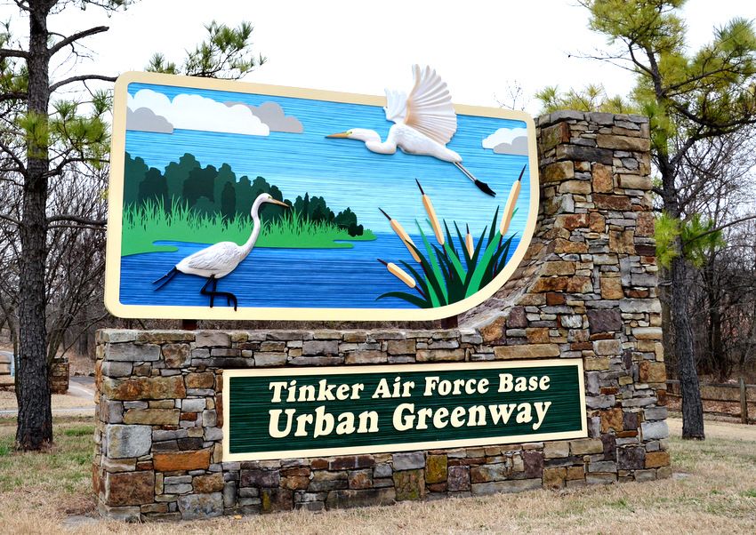 V31676 - Large Carved 3-D Entrance Sign to the Urban Greenway in Tinker Air Force Base 