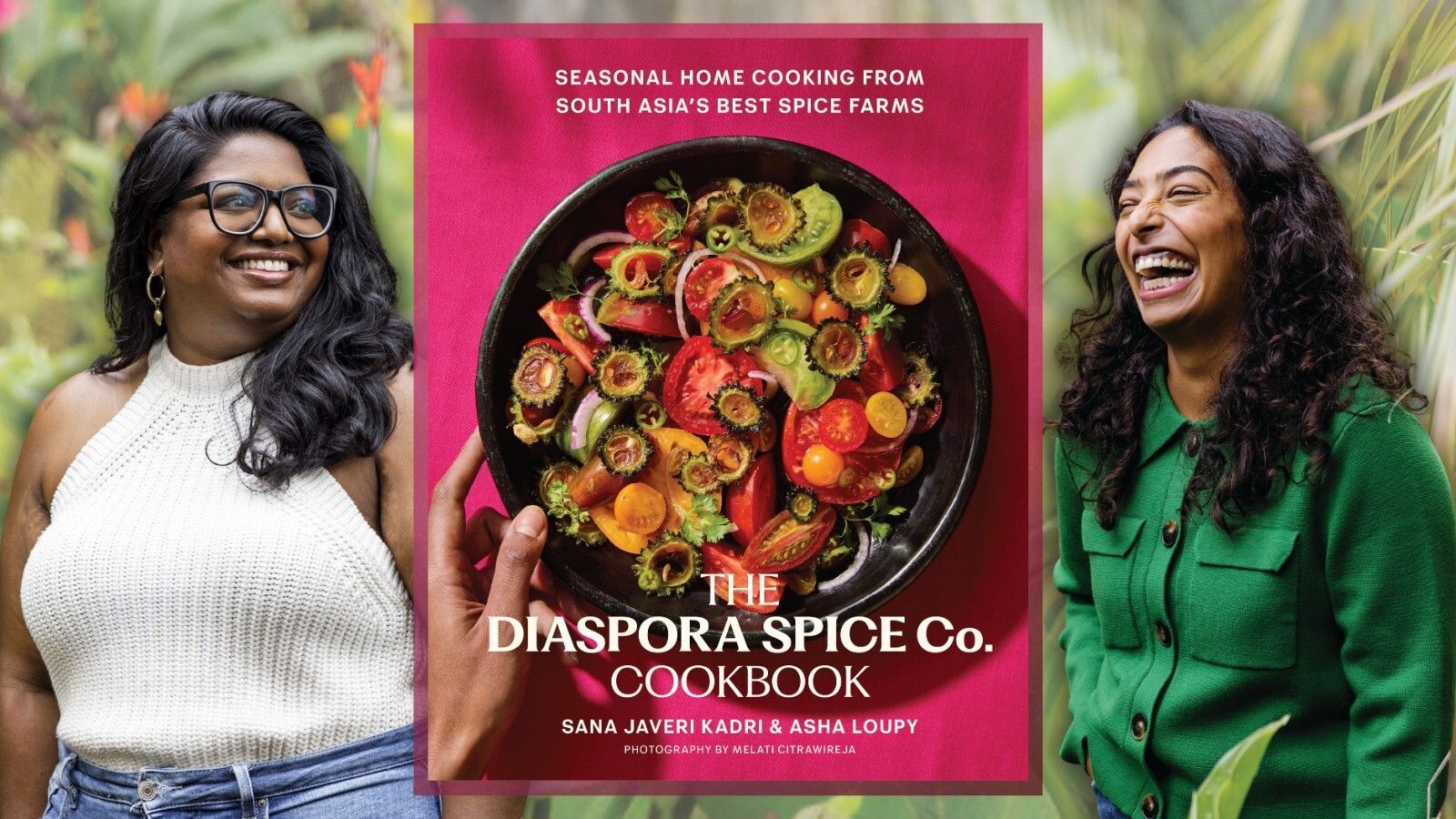 Photo of authors Sana Javeri Kadri and Asha Loupy next to their book, "The Diaspora Spice Co. Cookbook"