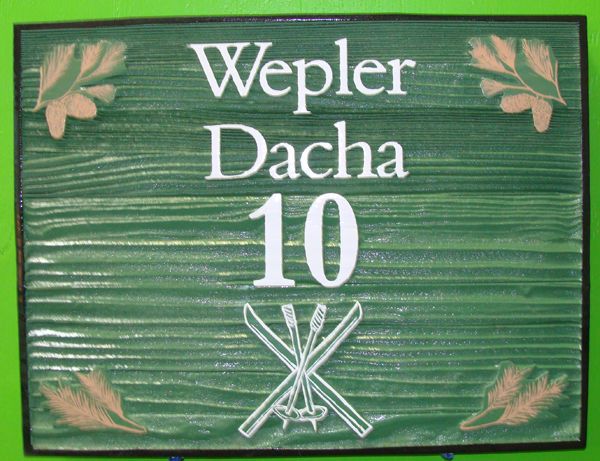 M22241 - Sandblasted Redwood Sign for Dacha with Skis and Pine Branches