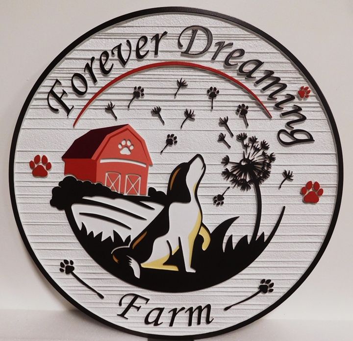 O24814 - Carved Entrance Sign for the "Forever Dreaming Farm"  with  a Barn and Howling Dog as Artwork