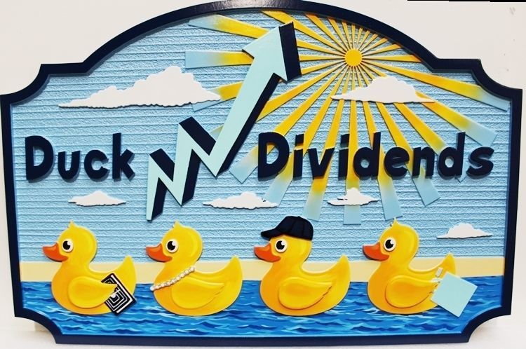 L21655 - Carved and Sandblasted 2.5-D Multi-level Relief HDU  Coastal Residence  Name Sign "Duck Dividends", with Four Small Ducks Swimming as Artwork 