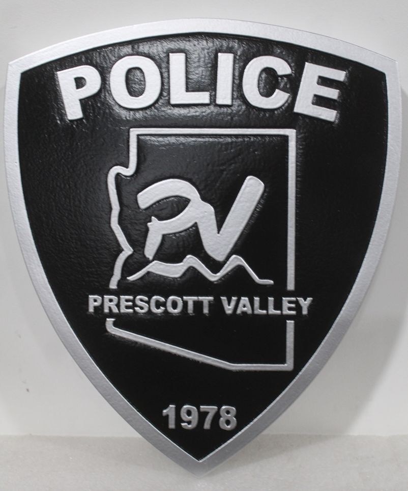 PP-2477 - Carved 2.5-D Multi-Level Plaque of the Shoulder Patch of the Police Department of Prescott Valley, Arizona
