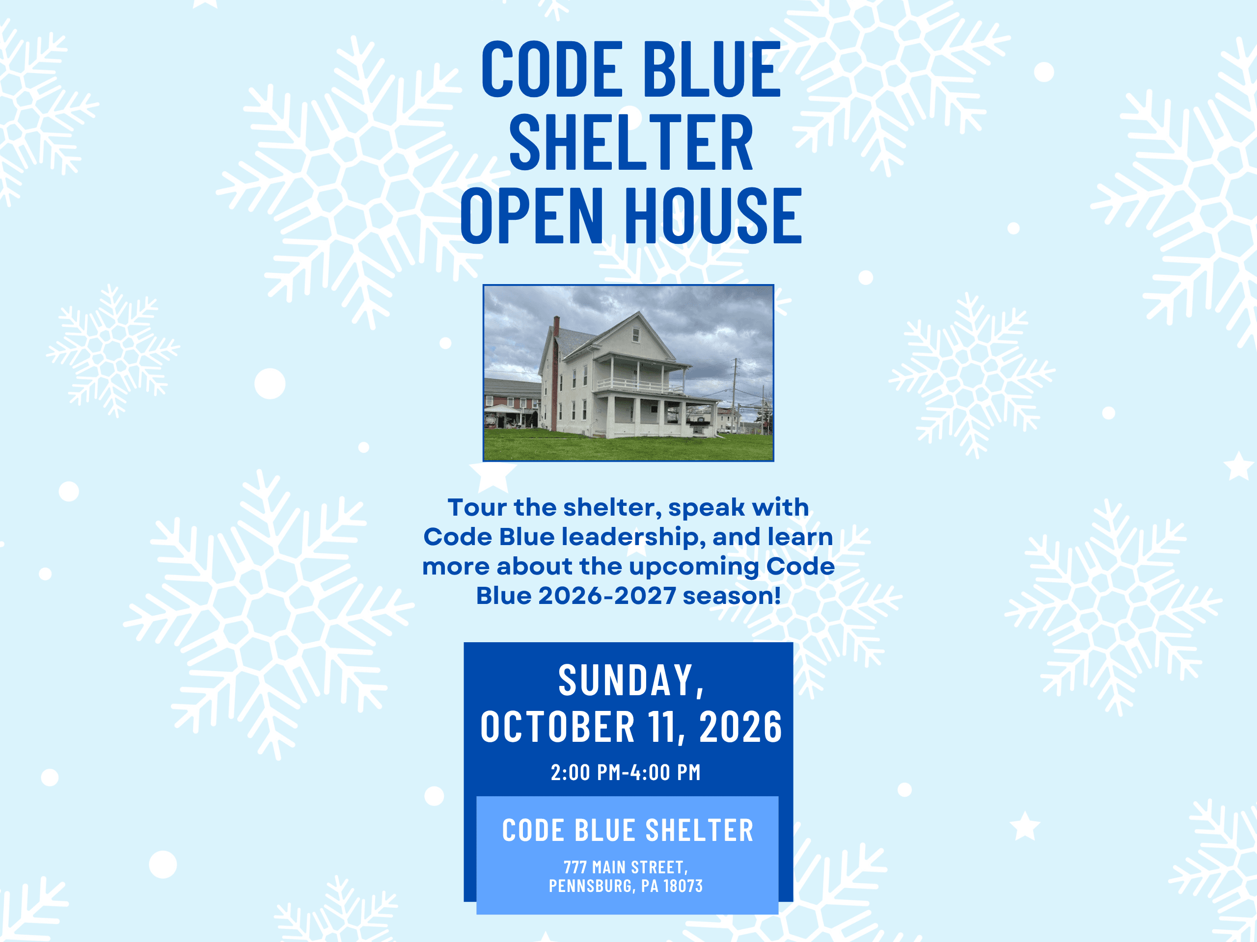 This Sunday: Code Blue Shelter Open House