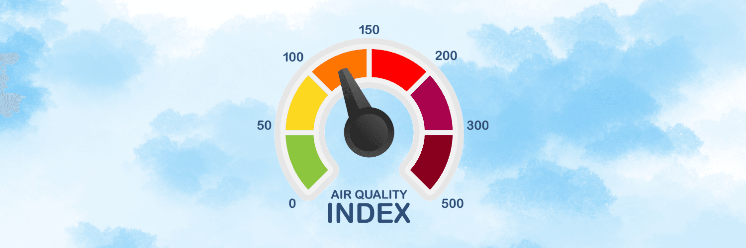 Graphic of cloud background with a colored dial with the text "air quality index"