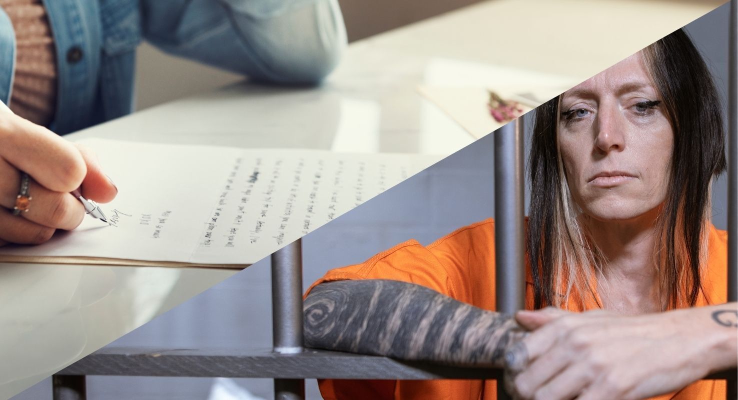 split image of a woman writing a letter and a woman in prison
