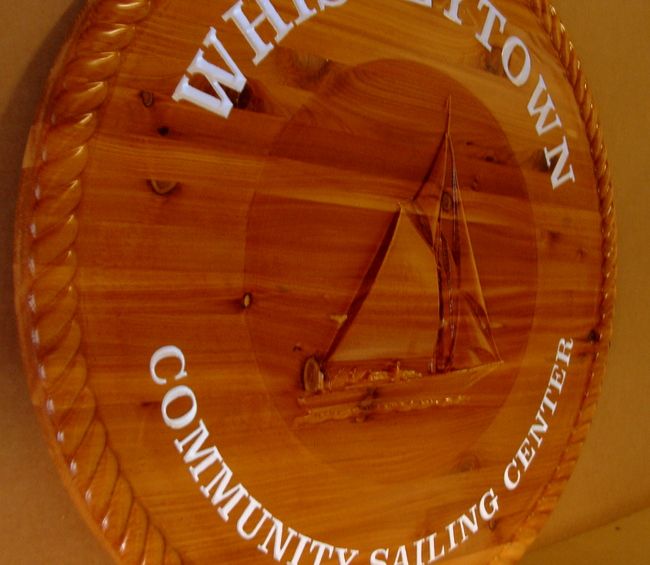 L22507- Carved 3-D Wood Wall Plaque for Community Sailing Center, with Sailboat and Rope Border