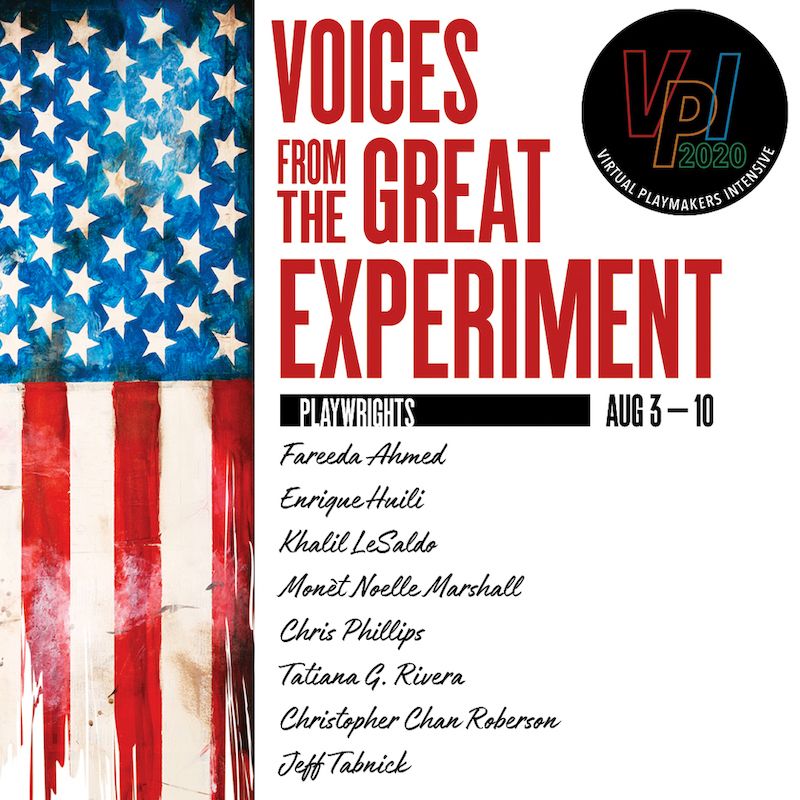 A picture of the voices from the great experiment logo. There's a horizontal, shredded American flag. The 2020 VPI logo is on the top right.
